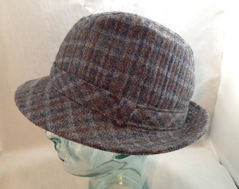 Vintage Pendleton Wool Blue Grey and Brown Tweed Bucket Style Fedora Size Large    04154