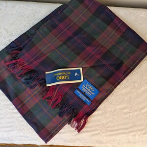 May include: A plaid scarf with fringed edges and a blue and white label that reads "LOBO by Pendleton".
