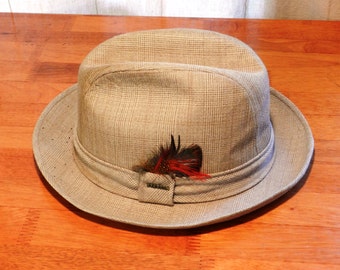 Sombrero fedora Stetson vintage estilo Tattersill, estampado marrón claro con plumas, talla 7 1/8, 05043