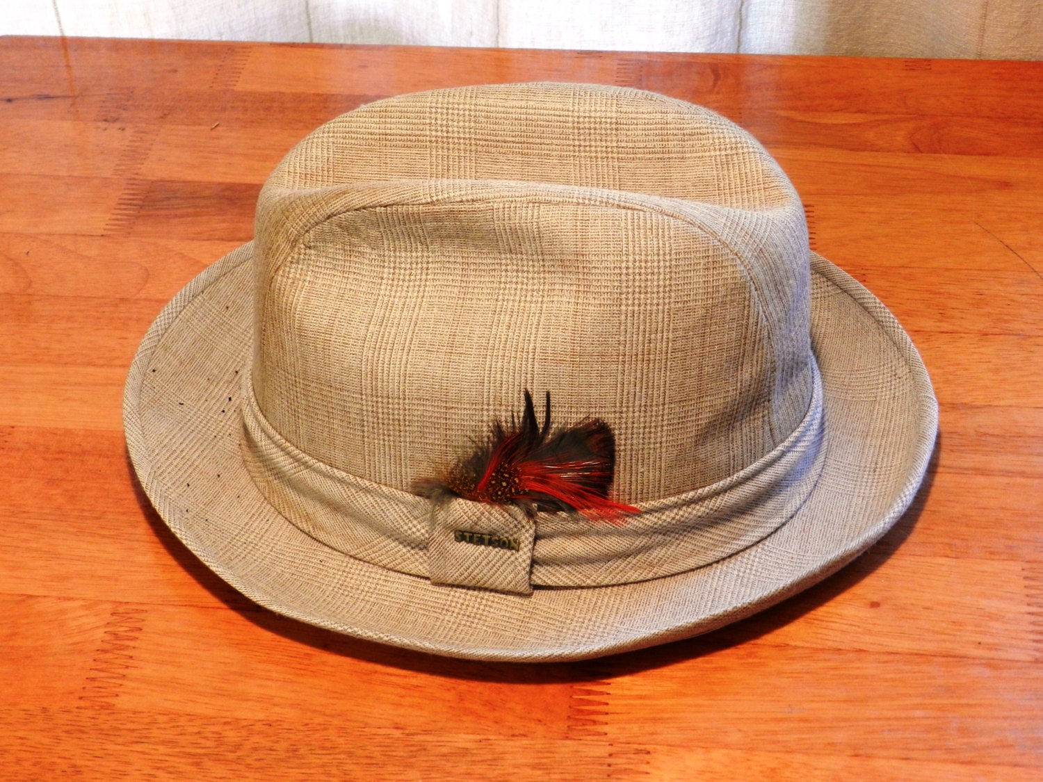 Vintage Stetson Fedora In The Style of A Tattersill Light Brown Patterning with Feather Size 7 1/8 03551