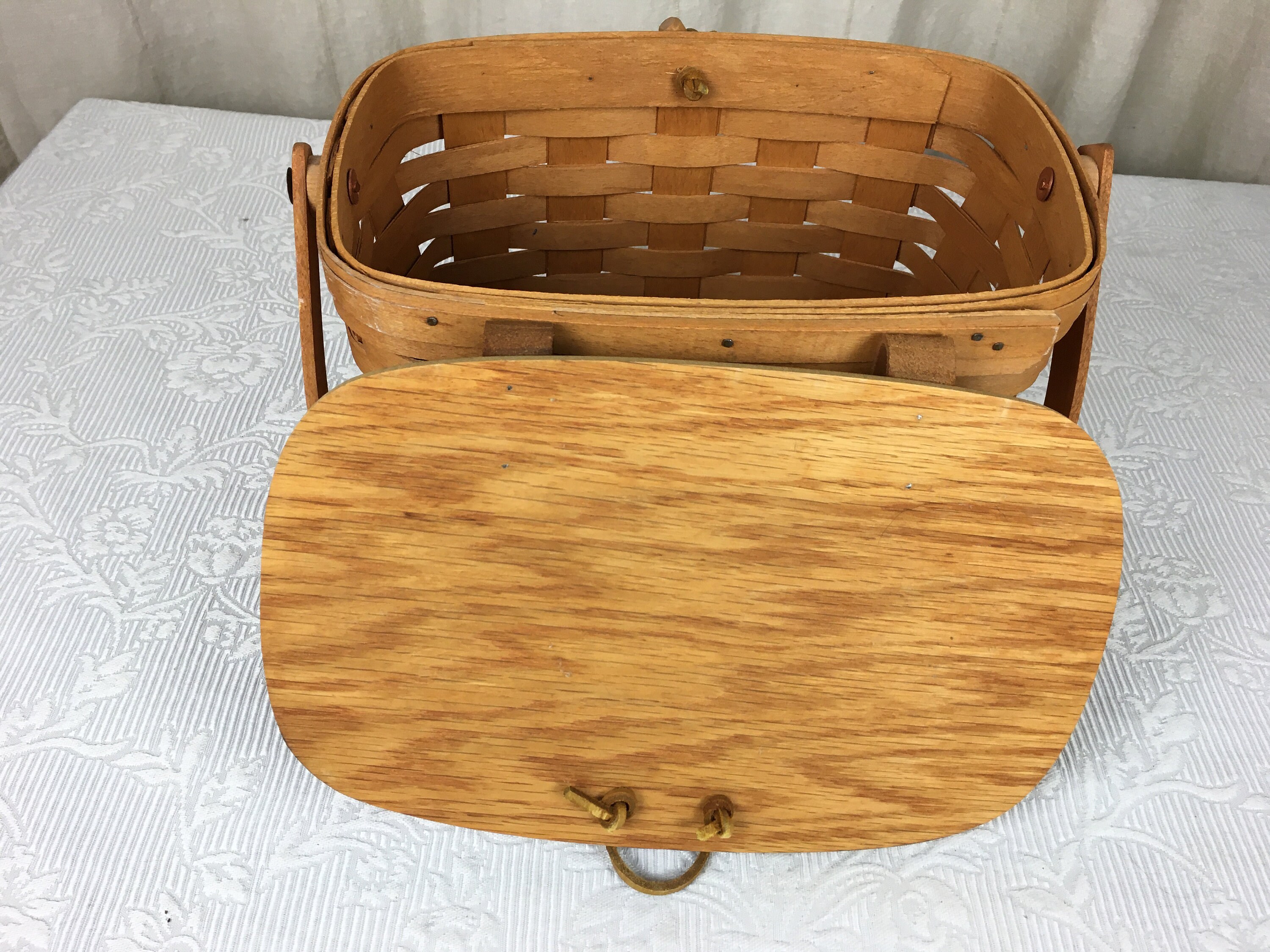 Longaberger Basket With Leather Hinged Wooden Lid and Wooden