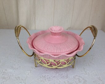 Plato vintage Miramar de California, color rosa, con soporte de latón, modelo 644 05179, 1956