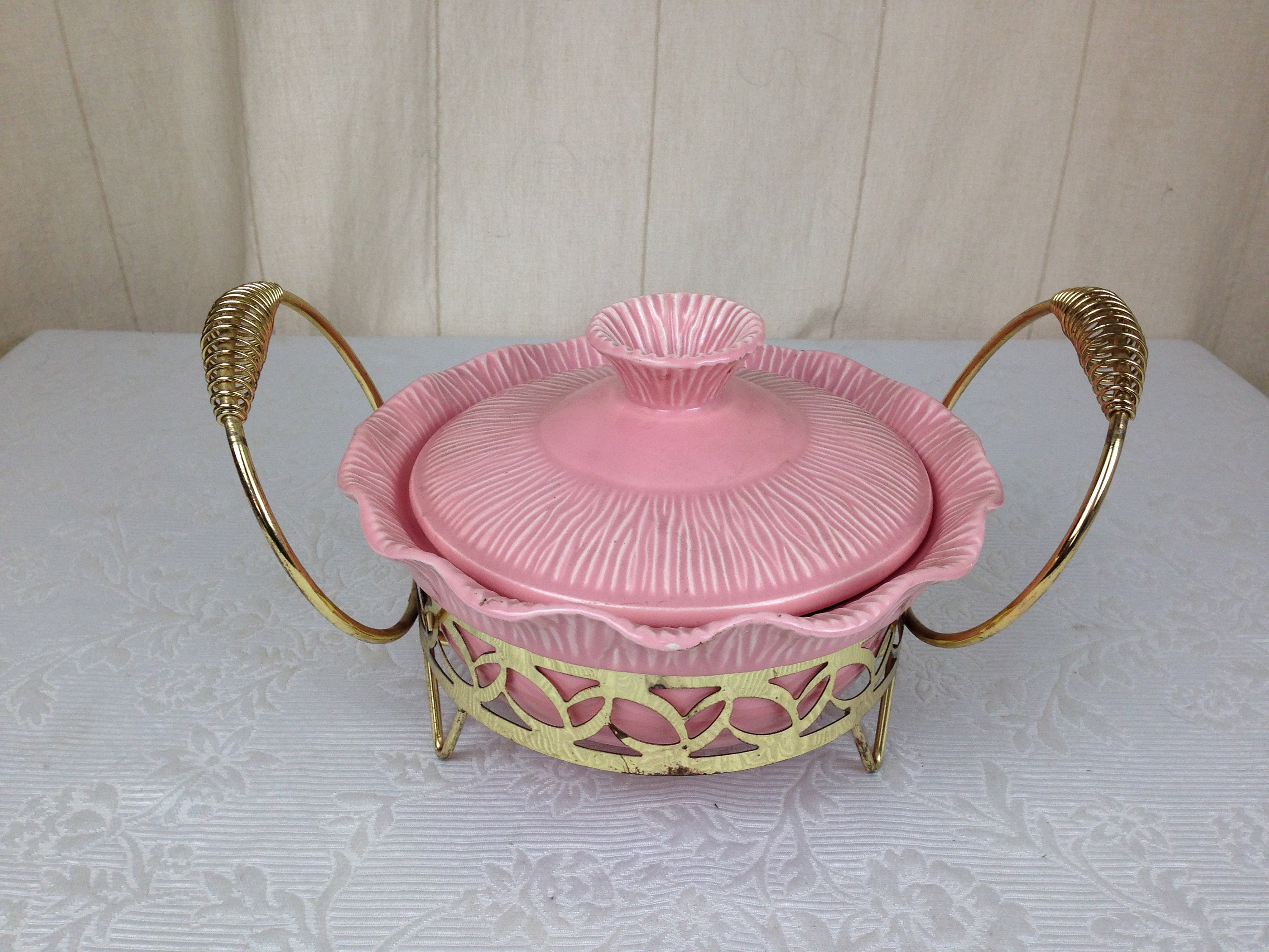 Vintage 1956 Miramar of California Pink Covered Dish With Brass