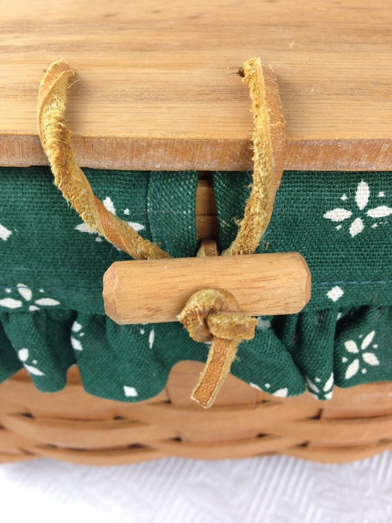 Longaberger Basket With Leather Hinged Wooden Lid and Wooden