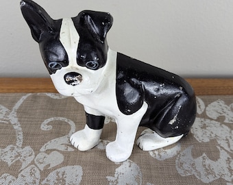 Tope de puerta de hierro fundido vintage para perro, Boston Terrier sentado con una oreja hacia arriba, pesado 04494