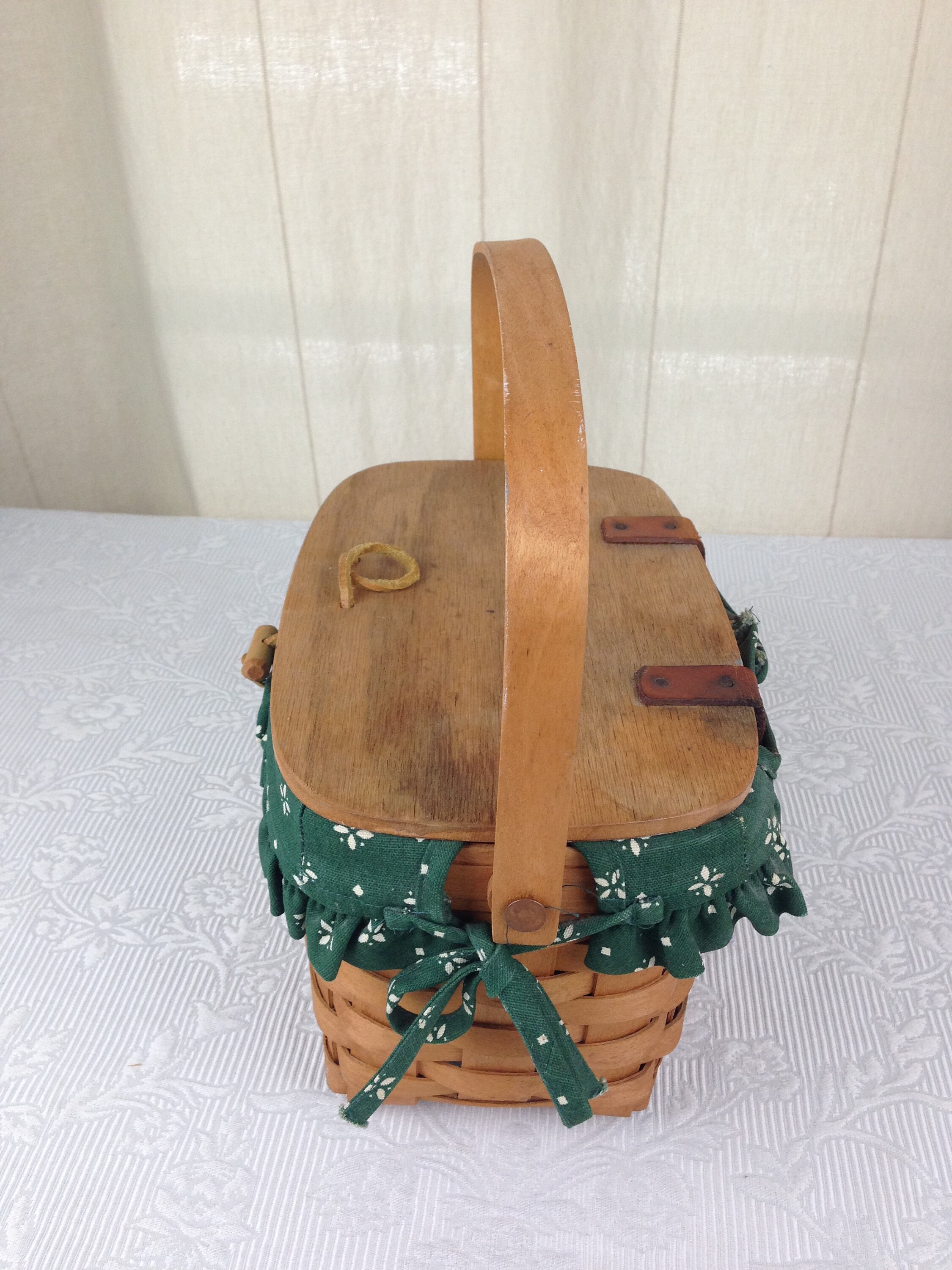 Longaberger Basket With Leather Hinged Wooden Lid and Wooden