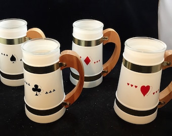 Vintage Siesta Ware Card Game Mug Set of 4 Featuring 1 of Each Suit 5 Inch Tall Glass Brass and Wood   04173