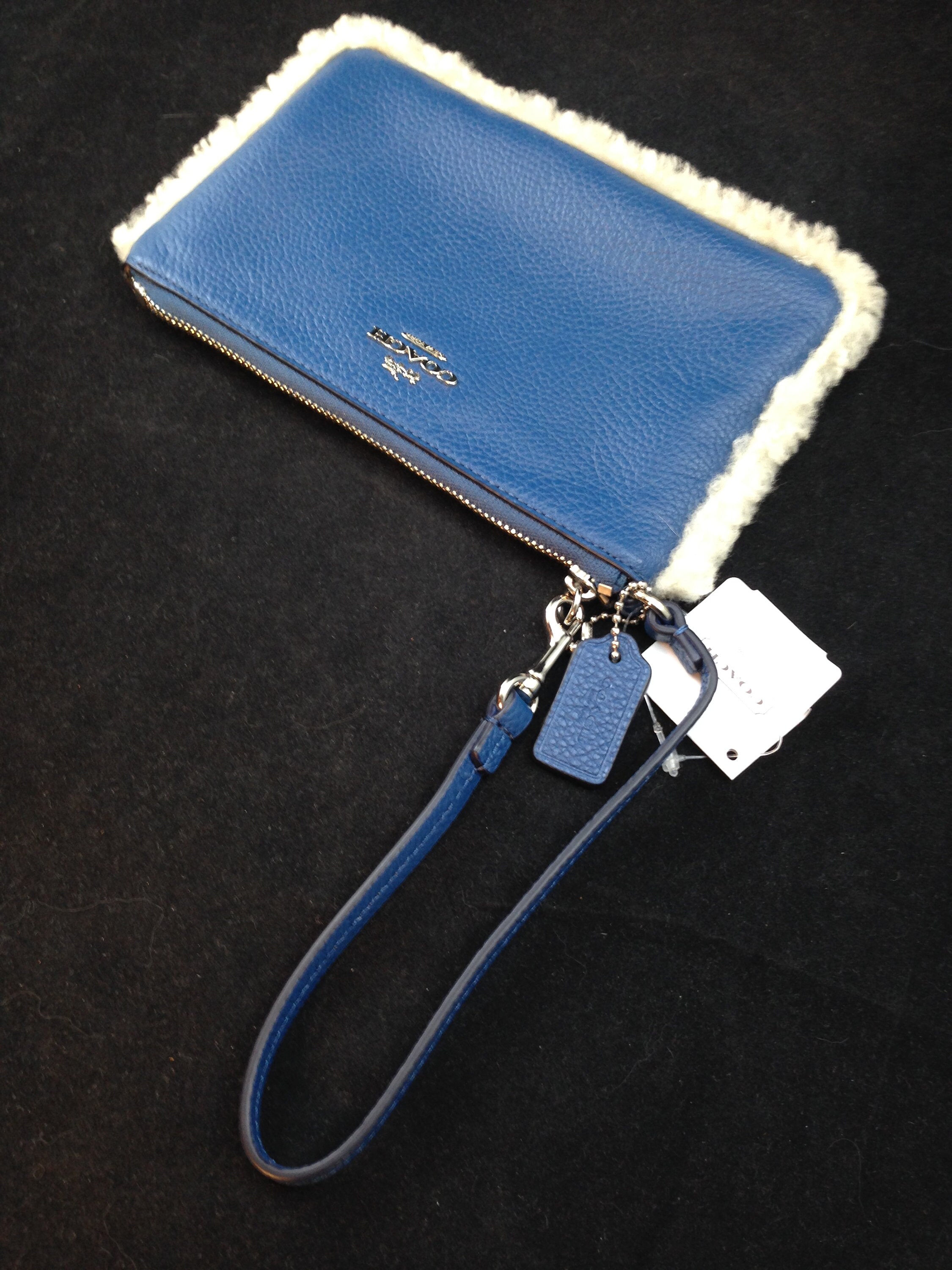 Coach Leather and Shearling Slate Blue Wristlet Clutch Style Purse