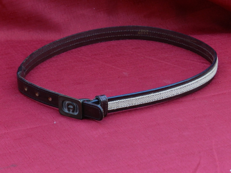 Vintage Etienne Aigner Belt Number 1127 Size 28 Brass with Red Leather and Burlap Fabric 02777 image 1
