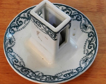 Vintage Ceramic Match Holder on Ashtray Maker Unknown Green Pattern on White     05071