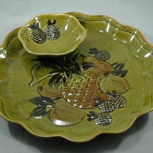 Vintage Los Angeles Potteries Olive Green Tiki and Pineapple Party Platter12 1/2 Inch Size    05079