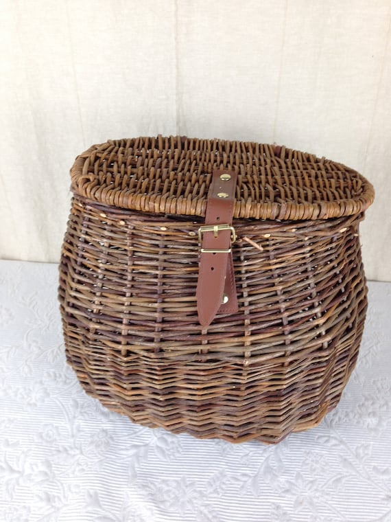 Vintage Large Wicker Fishing Creel Dark Brown With Leather Strap 13 by 10  by 10 1/2 Tall 03776 