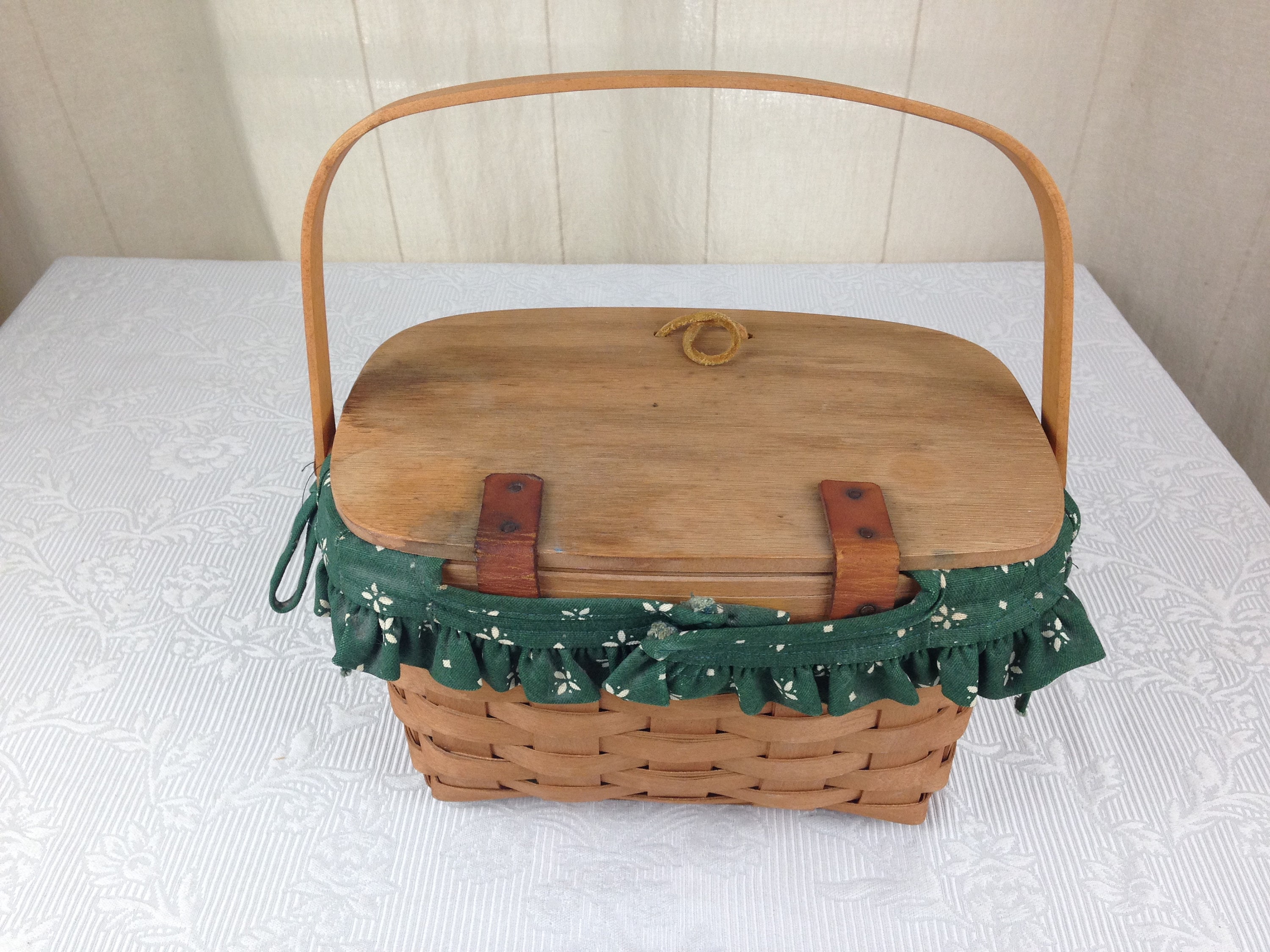 Longaberger Pantry Basket, 1998, Long/narrow Woven Wood Basket W/ Leather  Handles, Fabric Liner & Plastic Divided Insert, Vintage 