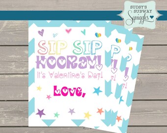 Crazy Straw Valentine Tags, Sip Sip Hooray, Crazy Straw, Preschool Valentines Classroom, Printable Kids Non-Candy Valentine, silly straw