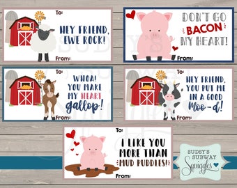 Farm Animal Valentines, Horse valentine, pig valentine, Valentine's Day cards, classroom valentines, valentines for kids, punny, printable