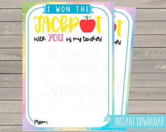 PRINTABLE I won the jackpot with you as my teacher Lottery Valentine's Day Tag Gift Tag Printable Teacher Gift Teacher Appreciation