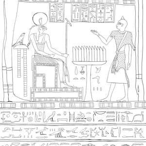 Może przedstawiać: Czarno-biały rysunek starożytnego egipskiego reliefu hieroglificznego przedstawiającego faraona siedzącego na tronie z uskrzydlonym dyskiem słonecznym nad głową. Faraon trzyma laskę i berło. Mniejsza postać stoi przed faraonem, trzymając laskę i kosz z ofiarami. Relief otoczony jest hieroglificznym tekstem.