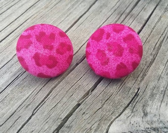 Button Earrings, Cheetah print earrings, Costume Jewelry, Fabric Earrings, Round Earrings, Nickel Free Earrings, Pink Earrings, Animal Print