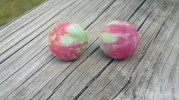 Button Earrings, Tie Dye earrings, Costume Jewelry, Fabric Earrings, Round Earrings, Ice Dye Earrings, Nickel Free Earrings, Pink Earrings