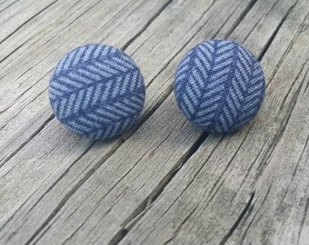 Button Earrings, Chevron earrings, Costume Jewelry, Fabric Earrings, Round Earrings, Nickel Free Earrings, Stripe Earrings, Blue earrings