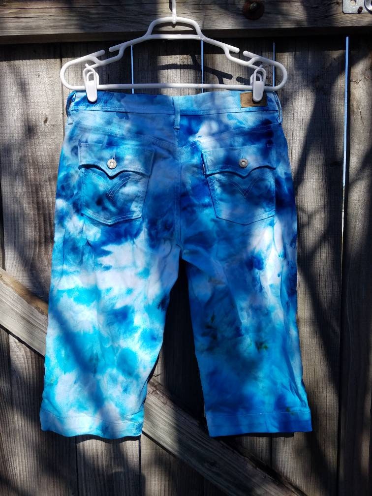 Tie Dye Jean Capri, Upcycled Jean Capri , Festival Clothes , Woodstock Clothes , One of a Kind