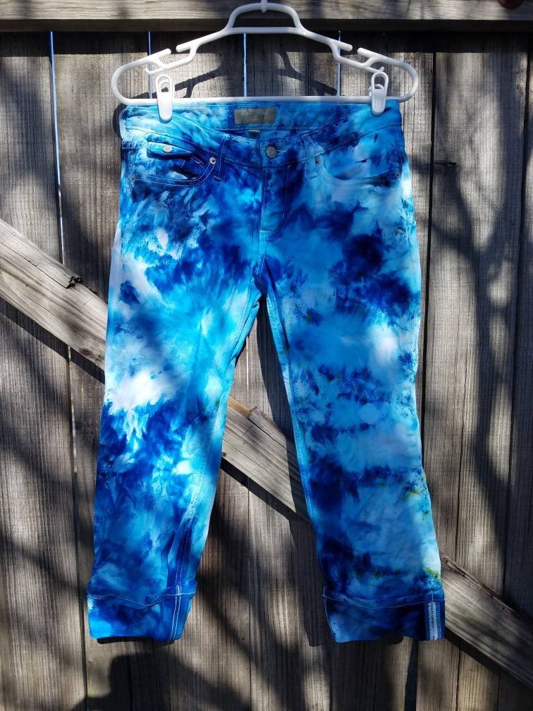 Tie Dye Jean Capri, Upcycled Jean Capri , Festival Clothes , Woodstock Clothes , One of a Kind