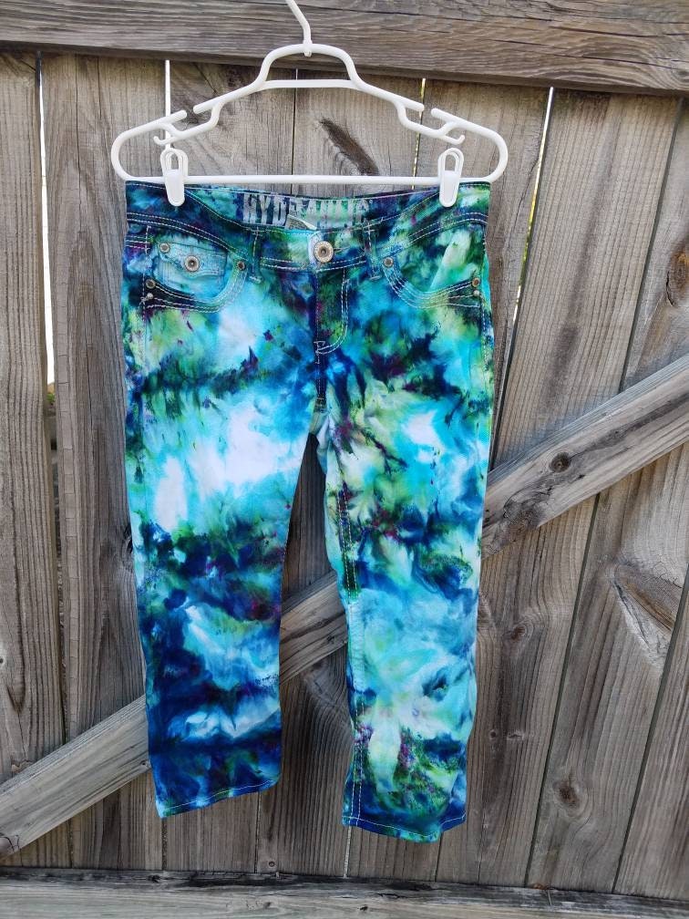 Tie Dye Jean Capri, Upcycled Jean Capri , Festival Clothes , Woodstock Clothes , One of a Kind