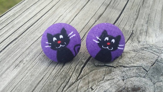 Button Earrings, Cat Earrings, Fashion Jewelry, Costume Jewelry, Fabric Earrings, Round Earrings, Fall Earrings, Halloween Earrings