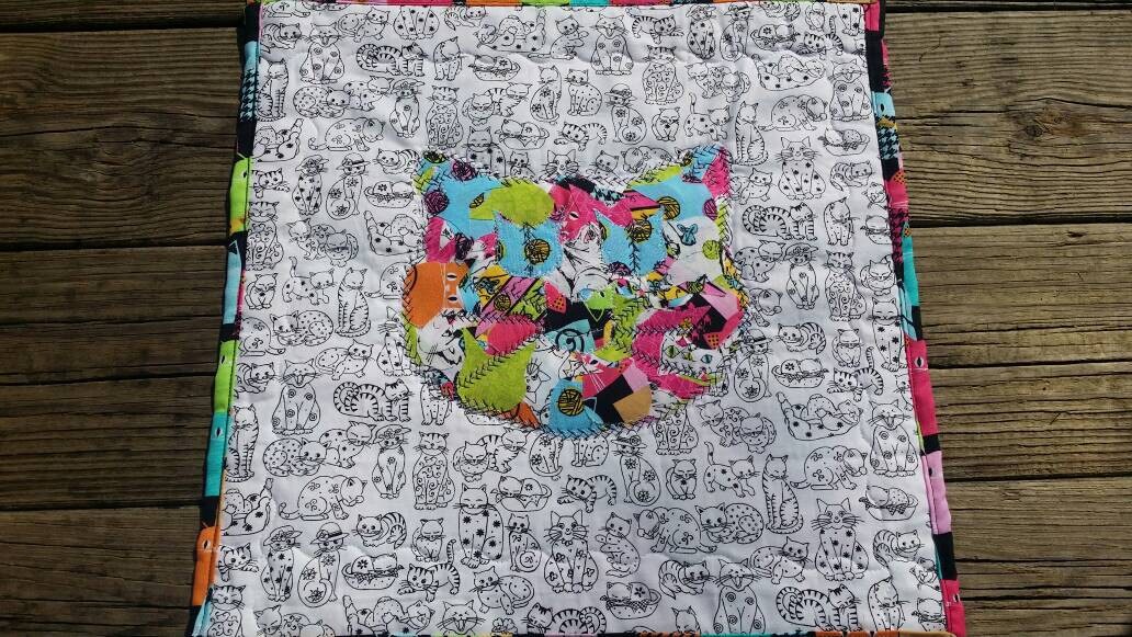 Mini Quilt Cat Face, Cat Play Mat, Cat art, Quilted Cat Face, Cat Wall