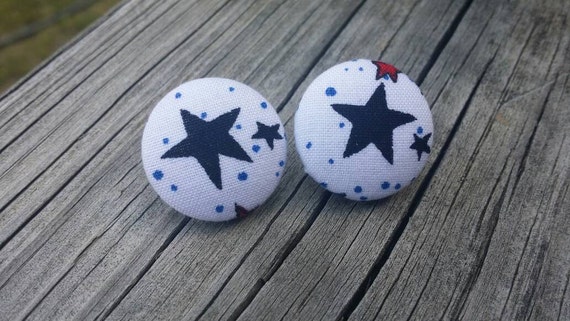 Button Earrings, Star earrings, Costume Jewelry, Fabric Earrings, Round Earrings, Patriotic Earrings, Nickel Free Earrings, Hero Earrings