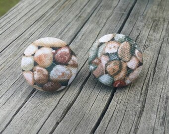 Button Earrings, Rock earrings, Costume Jewelry, Fabric Earrings, Round Earrings, Nickel Free Earrings, Nature Earrings, Pebble Print