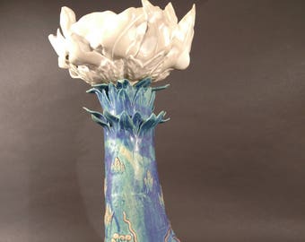 White Stoneware Fantasy Flower Sculpture by Skip Lyman