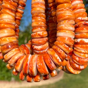 Gigantic Orange Spiny Oyster Shell Beads -Mexico (Gem Quality - Minimal White Color) Rough-Cut, Organic-Thickness, Graduated Rondelle Heishi