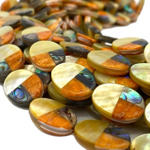 Orange Spiny Oyster Shell Beads (Photo Doesn&#39;t Do it Justice) Inlay with Abalone & South-Sea Golden Pearl Shell Oval 16X20mm