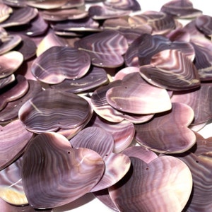 Pode incluir: Um monte de conchas do mar em forma de coração de cor púrpura e branca. As conchas têm um acabamento natural e iridescente.