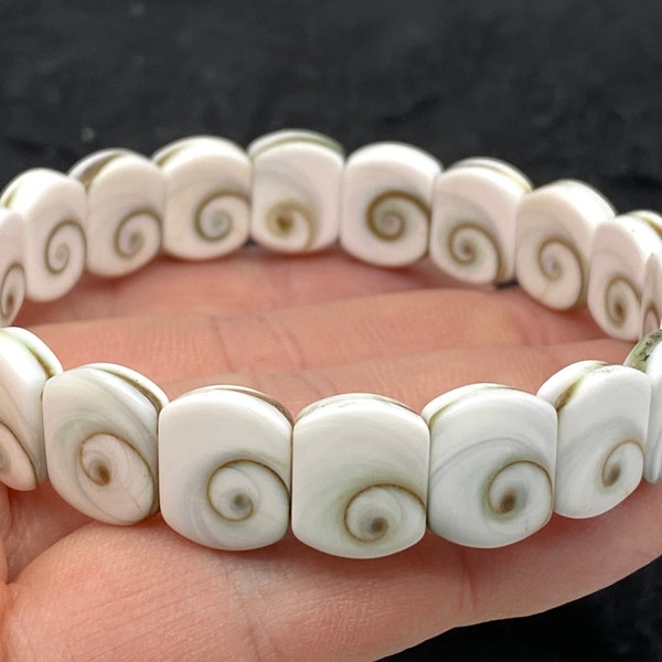 Shiva Eye Shell Beads Bracelet (Doublet- Two Shells in One Bead) Yin-Yang Double-Energy 10X12mm Double-Drilled (Elastic Approx. 7.25 Inches)