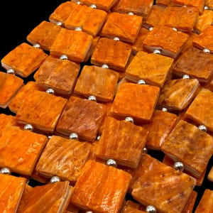 May include: A collection of square, orange-toned shell tiles arranged in a grid pattern. Each tile features a textured, natural surface with variations in color and is separated by small, round, metallic silver beads.