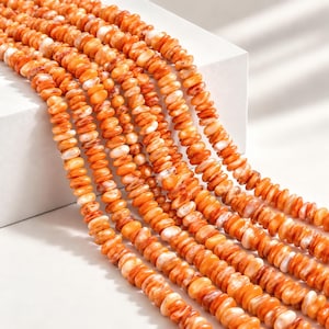 May include: Multiple strands of small, flat, round beads in varying shades of orange and white. The beads have a smooth, polished texture and are strung together in long, parallel lines, creating a vibrant, uniform display of circular shapes.