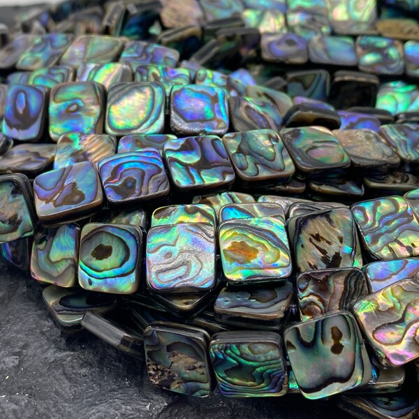 New Zealand Abalone Paua Shell Beads (Thicker Nacre & Much Darker Iridescent Matrix Than Traditional Chinese Abalone) Doublet Flat Square