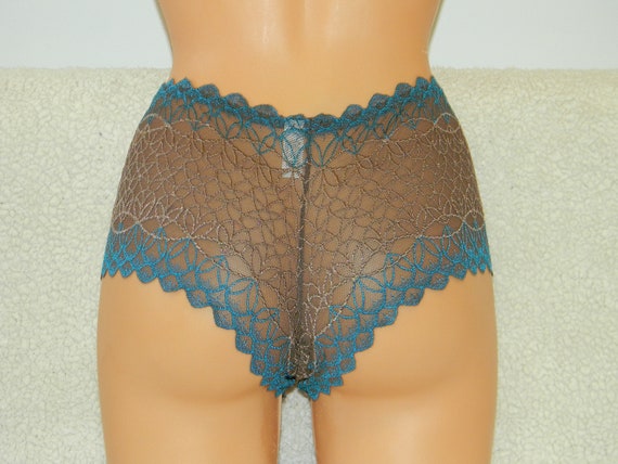 Brown Blue Lace,handmade,multi Colored Fabric,crotchless Panties