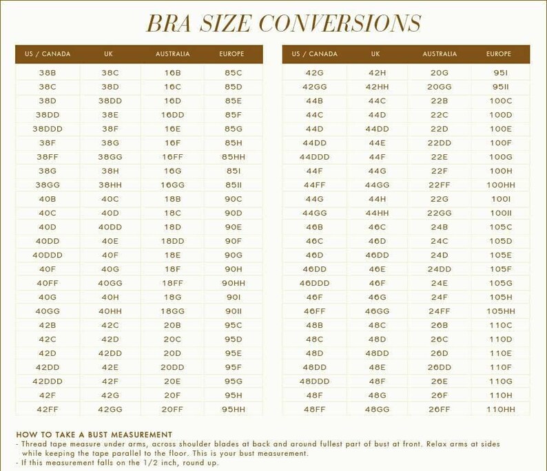 May include: A chart showing bra size conversions for US/Canada, UK, Australia, and Europe. The chart lists bra sizes in each region, with corresponding sizes in the other regions.