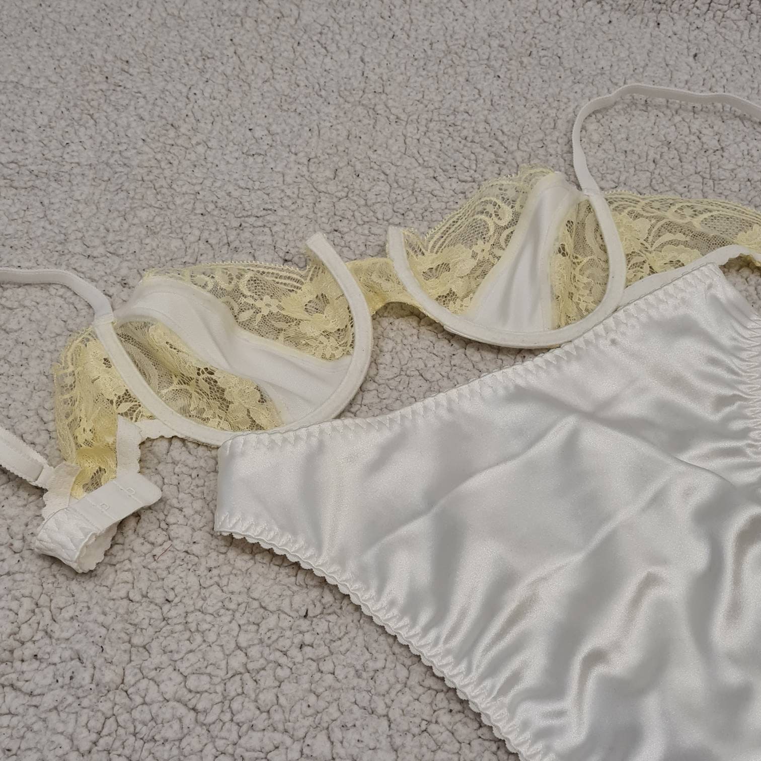 Handmade Lingerie, Milk Satin With Yellow Lace, Underwires, Not Padded Bra,  White Panties Crotchless or Normal Style -  Singapore