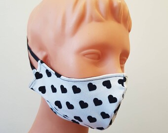 Handmade White Cotton Face Mask with Black Hearts