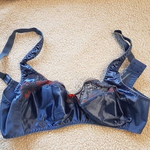 May include: A blue satin bra with red and black lace detailing. The bra has adjustable straps and a hook and eye closure at the back.
