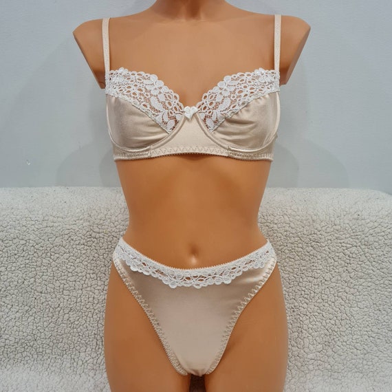 Handmade Lingerie, Beige Satin With Lace, With Underwires, Not