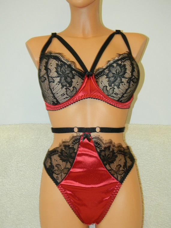 Handmade Lingerie,red Lingerie Set,plus Size,bra Set,red Underwear,set  Red,ladies Underwear,honeymoon Lingerie Set,vintage Lingerie, Black 