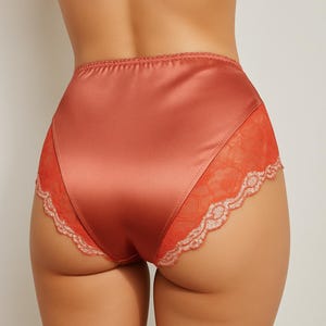 May include: High-waisted, rust-colored satin underwear with delicate lace detailing on the sides. The lingerie features a smooth, lustrous fabric and a scalloped lace trim, offering a touch of elegance.