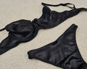 Handmade lingerie,black satin, with underwires, not padded bra, black  panties crotchless or normal style