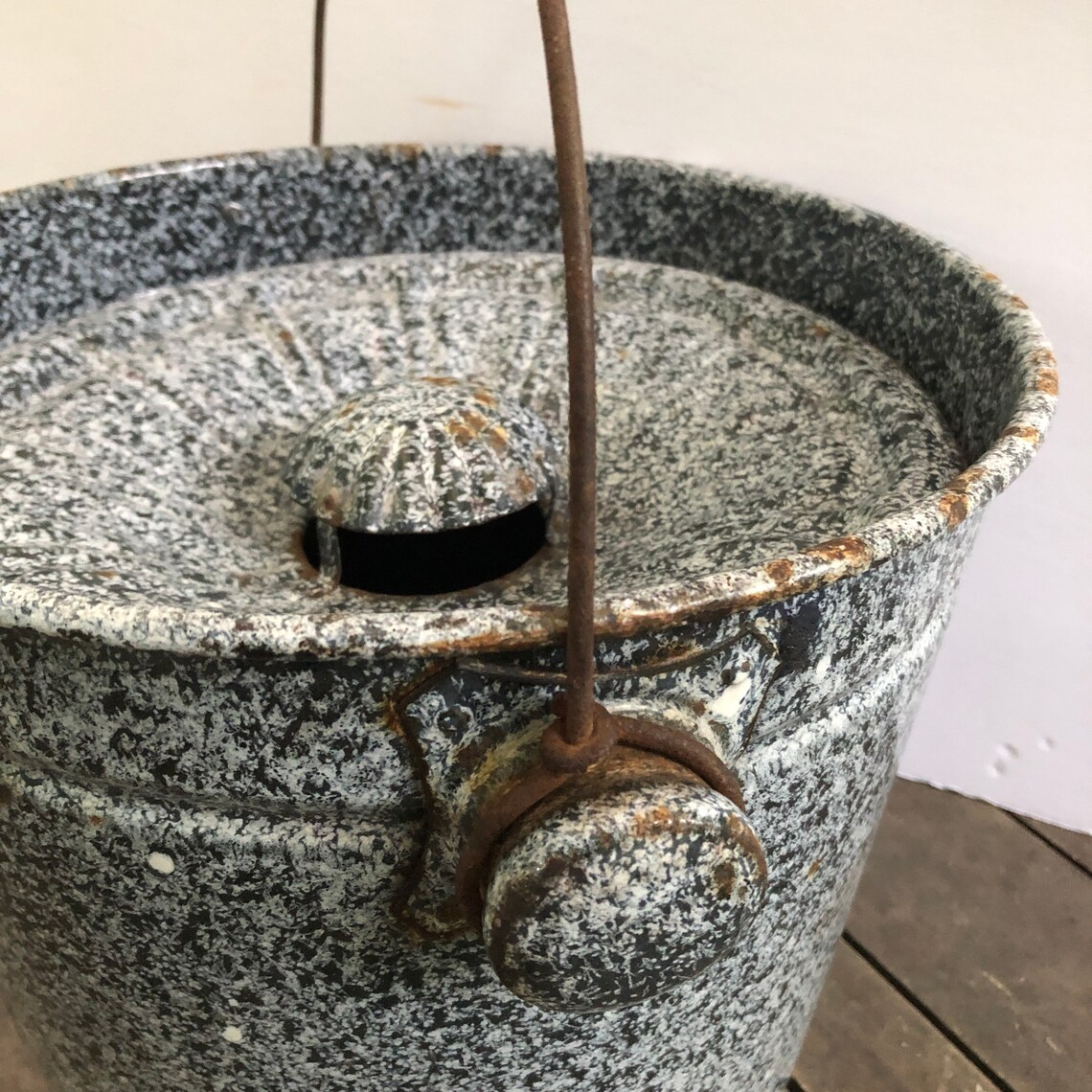 Rare Graniteware Vented Lid Ash Bucket Pail Can Vintage Etsy