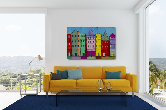 Cityscape acrylic painting, Bright colorful abstract buildings "Colorful Houses" for Modern Home Decor!